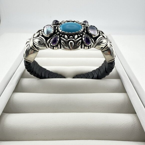 Carolyn Pollack Bracelet Cuff Turquoise Amethyst Pearl Leather Sterling Silver - Picture 5 of 15